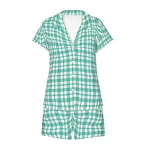 Vampire Art Classic Retro Gingham Chequered Women's Short-Sleeved Pyjama Set - Aqua Green