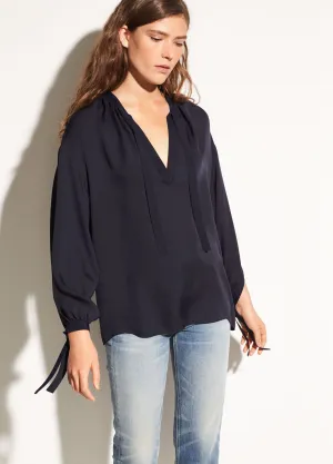 Vince - Tie Front Poet Blouse in Coastal Blue