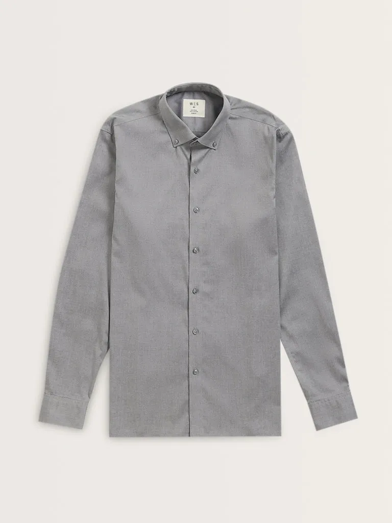 WES Formals Grey Solid Slim-Fit Cotton Shirt