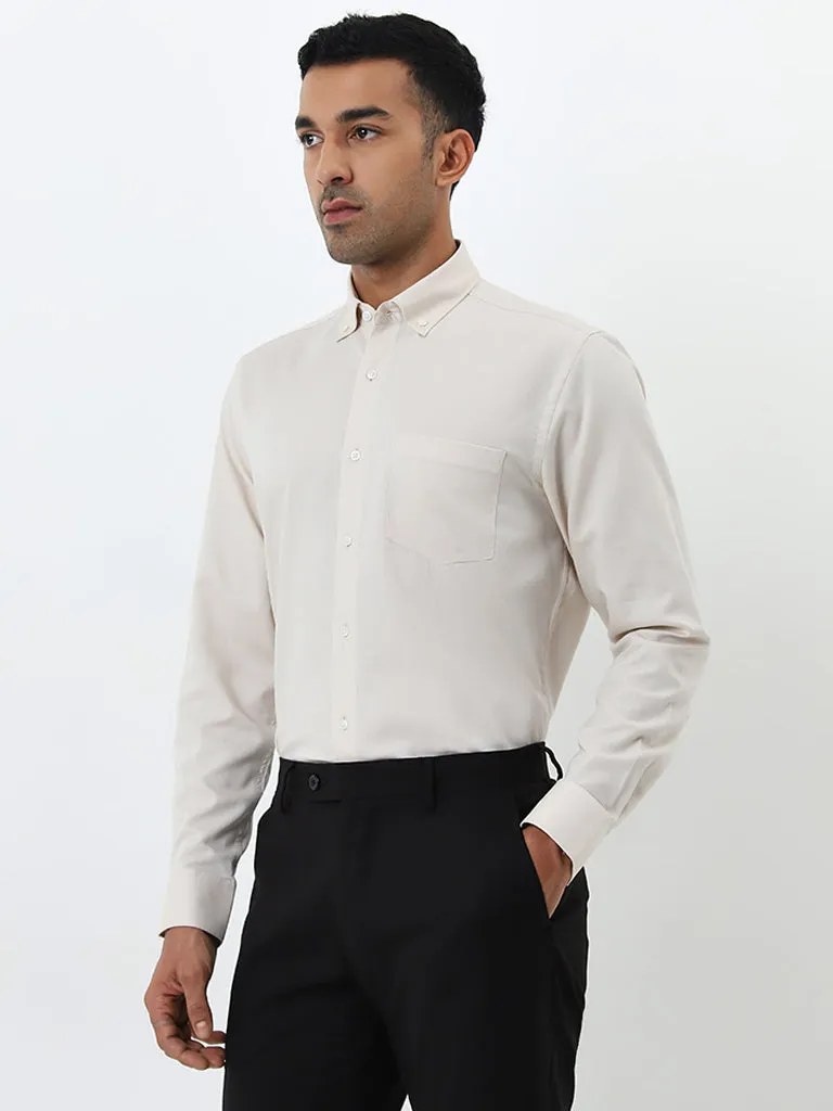 WES Formals Light Beige Solid Slim-Fit Cotton Shirt