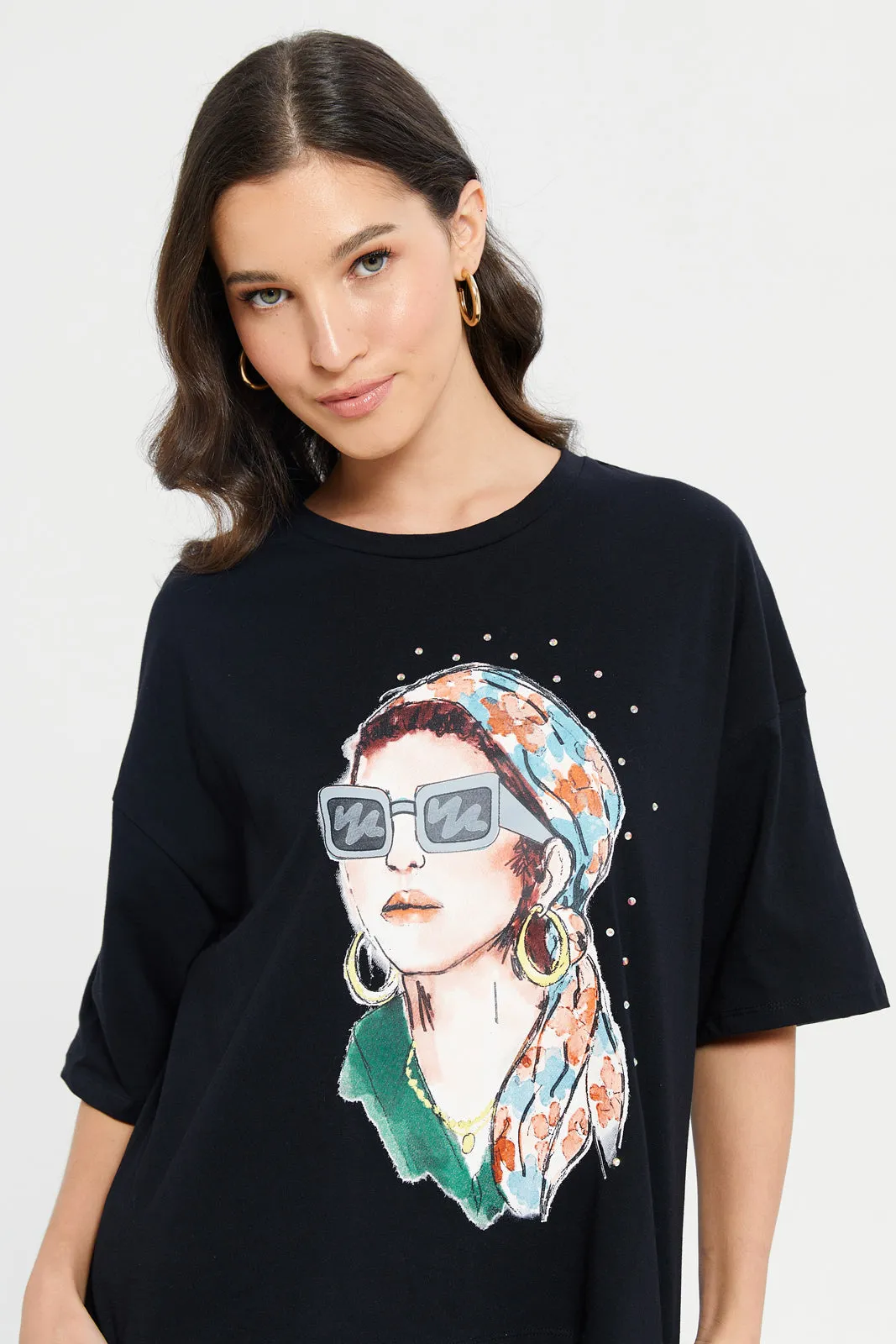 Woman Black Printed Embellished T-Shirt