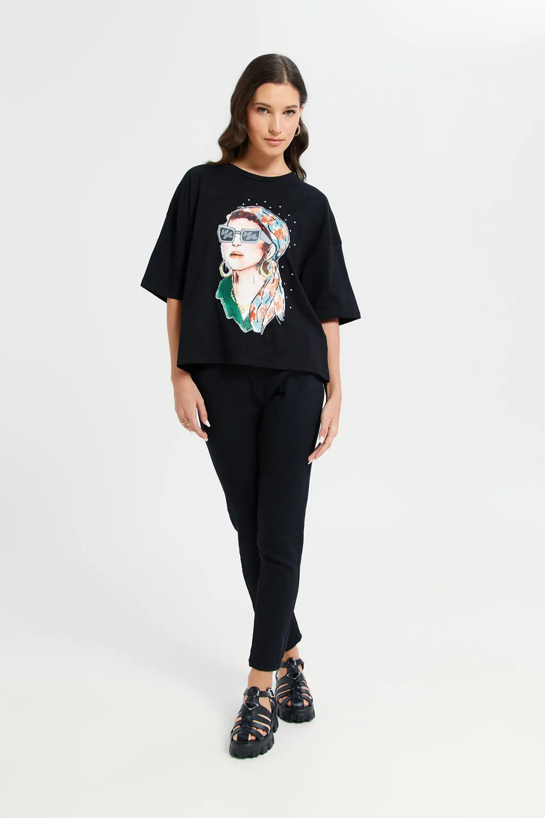 Woman Black Printed Embellished T-Shirt