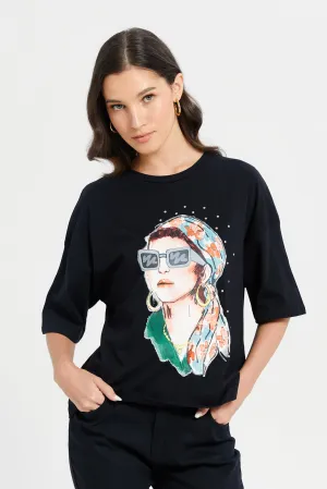 Woman Black Printed Embellished T-Shirt