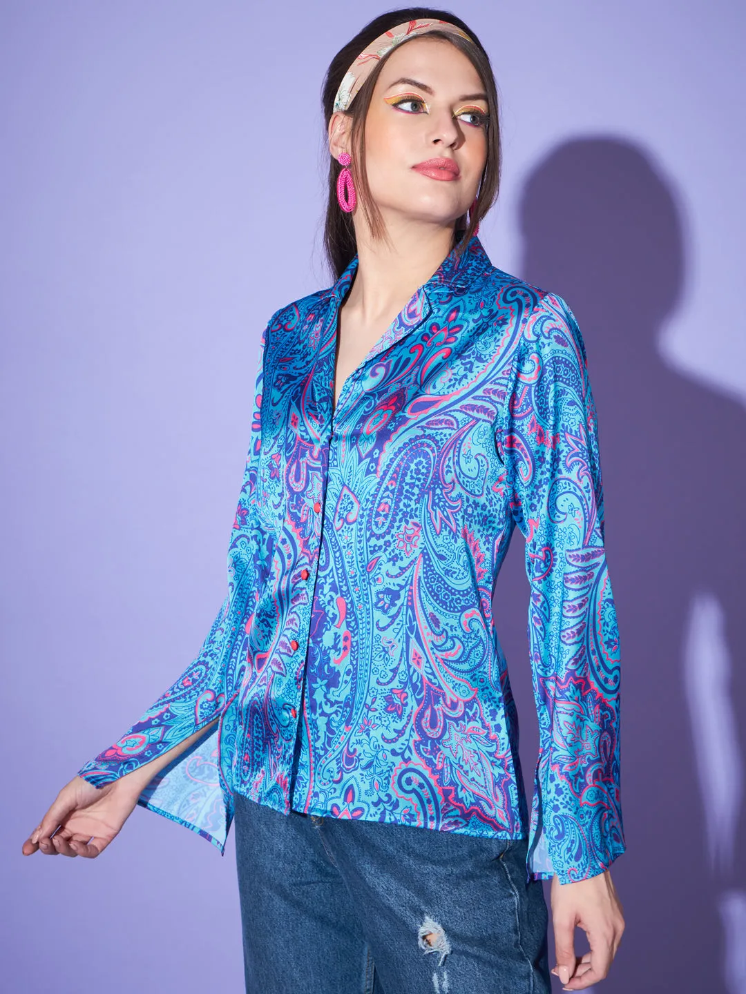 Women Paisley Printed Satin Casual Shirt